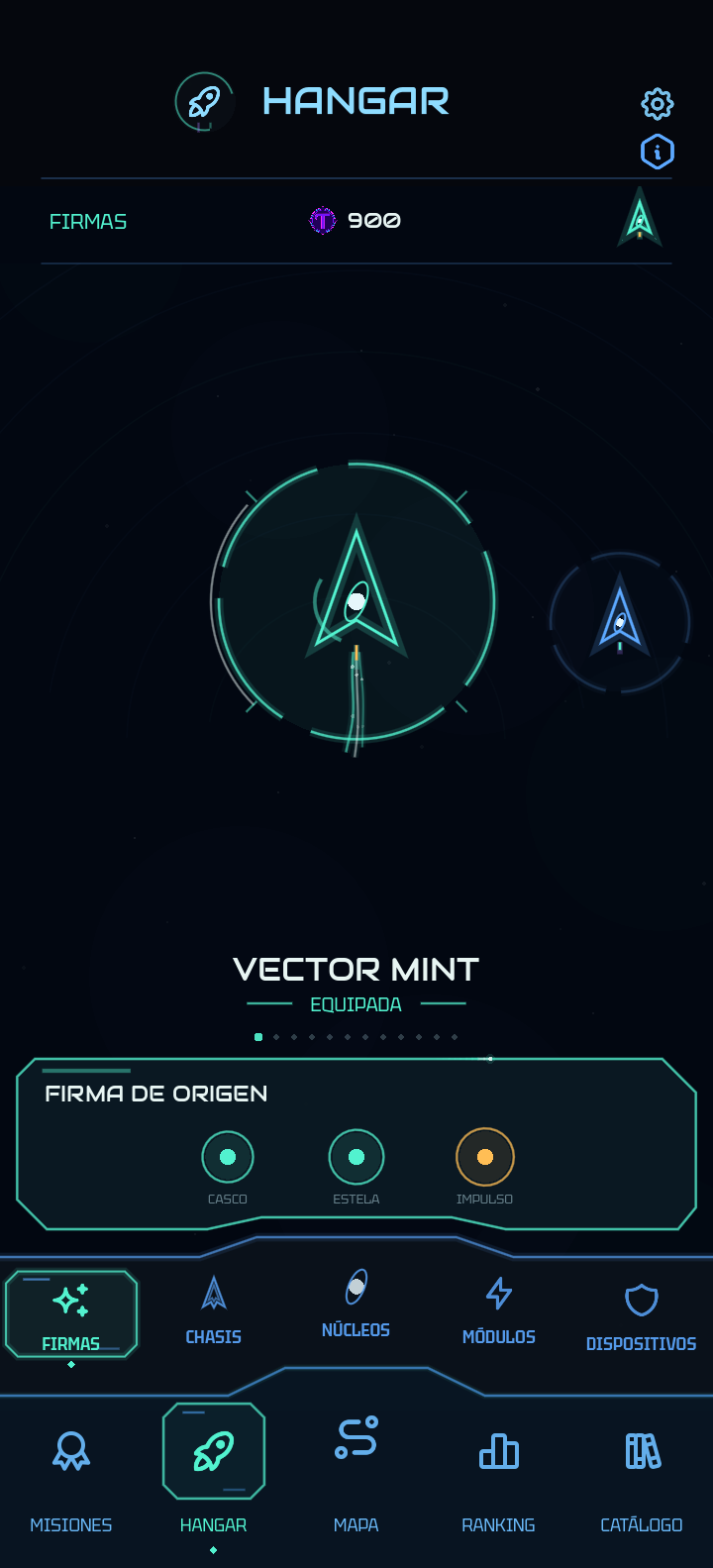 Hangar real de Vector Drift con la nave seleccionada